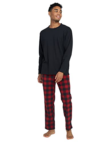 LAPASA Herren Pyjama-Set Relaxed Fit Schlafanzugset, Flecce Hose & Baumwolle Top M129, Schwarzes Top + Rote & Schwarze Hose, L von LAPASA