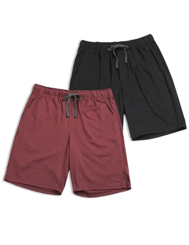LAPASA Herren Pyjama Shorts 2er Pack mit Taschen, American Style Poly-Baumwolle kurze Schlafanzughose Kordelzug Loungehose Freizeithose M93, Schwarz, Burgund, XL von LAPASA