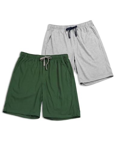 LAPASA Herren Pyjama Shorts 2er Pack mit Taschen, American Style Poly-Baumwolle kurze Schlafanzughose Kordelzug Loungehose Freizeithose M93, Grün, Graumeliert, L von LAPASA