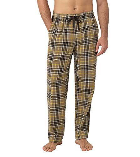 LAPASA Herren Schlafanzughose Karierte Pyjamahose, Long Relaxhose Loungehose Freizeithose M39 Wärmer, Baumwollflanell: Hellbraun + Gelb, X-Small von LAPASA