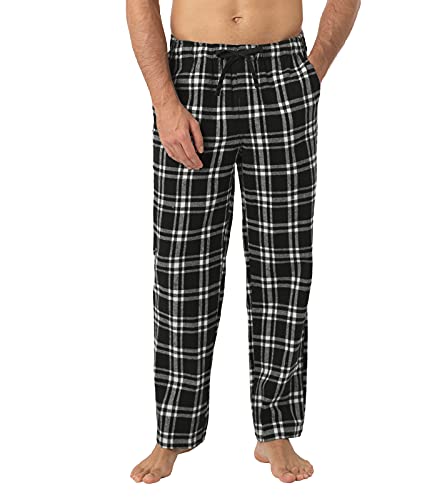 LAPASA Herren Schlafanzughose Karierte Pyjamahose, Long Relaxhose Loungehose Freizeithose M39 Wärmer, Baumwollflanell: Schwarz + Weiß, Medium von LAPASA