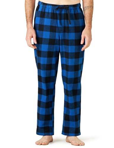 LAPASA Herren Schlafanzughose Karierte Pyjamahose, Long Relaxhose Loungehose Freizeithose M39 Wärmer, Baumwollflanell: Schwarz Blau, X-Large von LAPASA