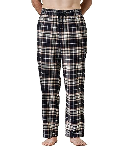 LAPASA Herren Schlafanzughose Karierte Pyjamahose, Long Relaxhose Loungehose Freizeithose M39 Wärmer, Baumwollflanell: Navy + Weiß kariert, 2XL von LAPASA