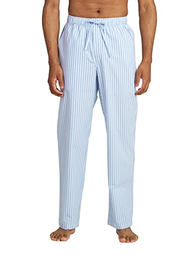 LAPASA Herren Schlafanzughose Karierte Pyjamahose, Long Relaxhose Loungehose Freizeithose M38 Warm, Baumwolle: Hellblau + weiße Streifen, Medium von LAPASA