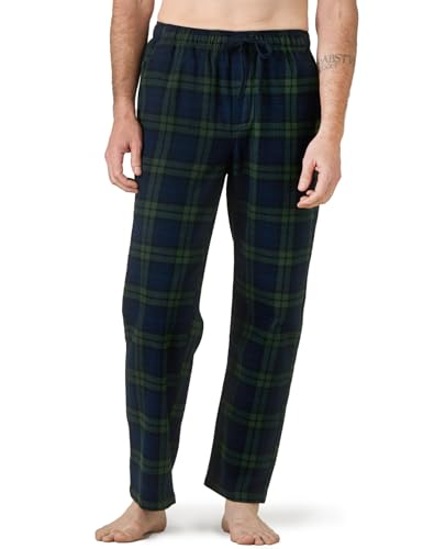 LAPASA Herren Schlafanzughose Karierte Pyjamahose, Long Relaxhose Loungehose Freizeithose M39 Wärmer, Baumwollflanell: Dunkelgrün Navy Blau, Medium von LAPASA