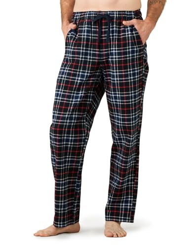 LAPASA Herren Schlafanzughose Karierte Pyjamahose, Long Relaxhose Loungehose Freizeithose M39 Wärmer, Baumwollflanell: Navy Blau + Rot feines Gitter, Large von LAPASA