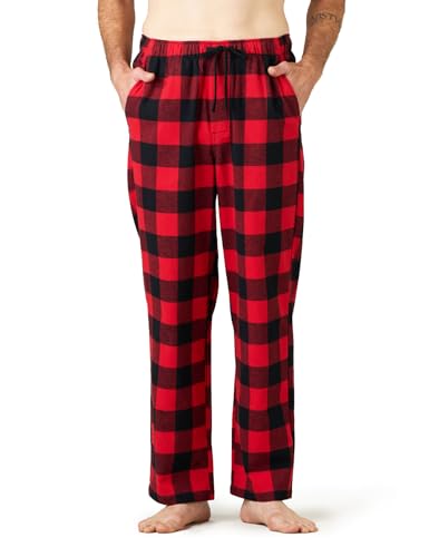 LAPASA Herren Schlafanzughose Karierte Pyjamahose, Long Relaxhose Loungehose Freizeithose M39 Wärmer, Baumwollflanell: Schwarz Rot, Medium von LAPASA