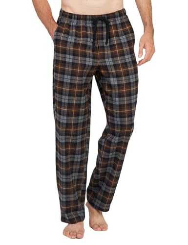 LAPASA Herren Schlafanzughose Karierte Pyjamahose, Long Relaxhose Loungehose Freizeithose M39 Wärmer, Baumwollflanell: Braun + Graumeliert, Small von LAPASA