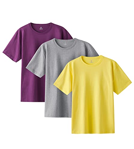 LAPASA Herren T-Shirt aus 100% Baumwolle, Rundhalsausschnitt Oberteil Einfarbige Kurzarmshirt für Männer M34 (3er Pack), Grau, Gelb, Lila, L von LAPASA
