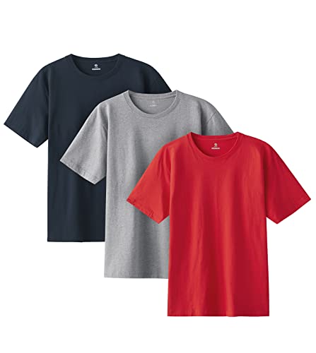 LAPASA Herren T-Shirt aus 100% Baumwolle, Rundhalsausschnitt Oberteil Einfarbige Kurzarmshirt für Männer M34 (3er Pack), Grau, Rot, Navy Blau, L von LAPASA