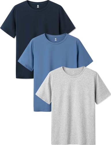 LAPASA Herren T-Shirts Baumwolle 3er Pack, Business Kurzarm Unterhemd Rundhalsausschnitt M05, Rundhals: Hellgrau, Grau-Blau, Navy Blau, S von LAPASA