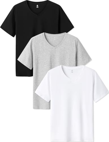 LAPASA Herren T-Shirts Baumwolle 3er Pack, Business Kurzarm Unterhemd V-Ausschnitt M06, V-Ausschnitt: Schwarz, Weiß, Hellgrau, XXL von LAPASA