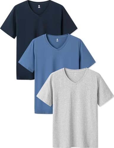 LAPASA Herren T-Shirts Baumwolle 3er Pack, Business Kurzarm Unterhemd V-Ausschnitt M06, V-Ausschnitt: Hellgrau, Grau-Blau, Navy Blau, M von LAPASA