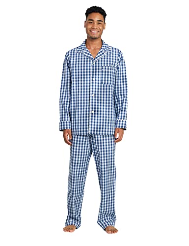 LAPASA Herren Zweiteiliger Schlafanzug American Style Set Lang Hose Oberteil Pyjama Baumwolle Polybaumwolle (M, M103: Blau + Weiß kariert) von LAPASA