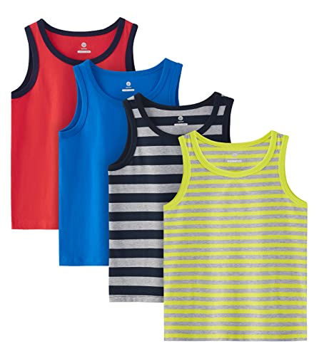 LAPASA Kinder 4er Pack Baumwoll Tanktop Top Hemd Trägertop (Gelb + Grau gestreift, Grau + Navy Blau gestreift, Rot, Blau,Small) von LAPASA