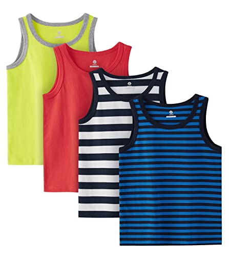 LAPASA Kinder 4er Pack Baumwoll Tanktop Top Hemd Trägertop (Blau + Navy Blau gestreift, Weiß + Navy Blau gestreift, Gelb, Rot,Large) von LAPASA