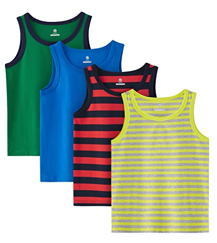 LAPASA Kinder 4er Pack Baumwoll Tanktop Top Hemd Trägertop (Rot + Navy Blau gestreift, Gelb + Grau gestreift, Grün, Blau,XX-Large) von LAPASA