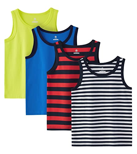 LAPASA Kinder 4er Pack Baumwoll Tanktop Top Hemd Trägertop Rot + Navy Blau gestreift, Weiß + Navy Blau gestreift, Blau, Gelb,X-Small von LAPASA