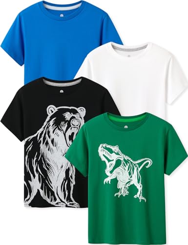 LAPASA Kinder T Shirt 100% Baumwolle 4er Pack Unisex 3-13 Jahre/ 95-165 Jungen, Grün Dino, Schwarz Bär, Blau, Weiß, 13 Jahre von LAPASA