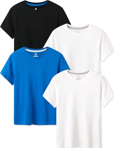 LAPASA Kinder T Shirt 100% Baumwolle 4er Pack Unisex 3-13 Jahre/ 95-165 Jungen, Weiß,Schwarz,Weiß V-Ausschnitt, Blau V-Ausschnitt, 13 Jahre von LAPASA