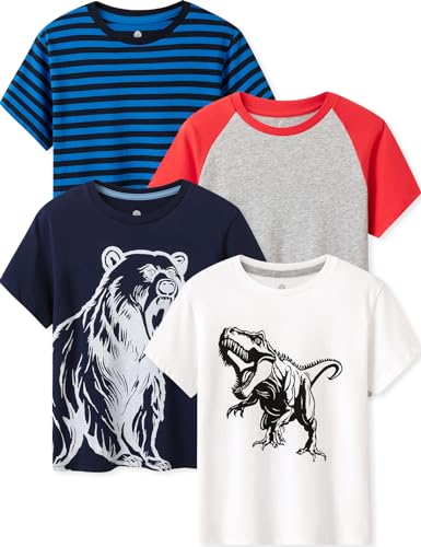 LAPASA Kinder T Shirt 100% Baumwolle 4er Pack Unisex 3-13 Jahre/ 95-165 Jungen, Weiß Dino, Blau Bär, Grau+Rot, Blaue Streifen, 7-8 Jahre von LAPASA