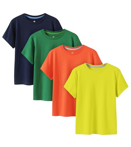 LAPASA Kinder T Shirt 100% Baumwolle 4er Pack Unisex 3-13 Jahre/ 95-165 Jungen Jungs Sport K01 (Orange, Zitronengelb, Grün, Blau, X-Large) von LAPASA