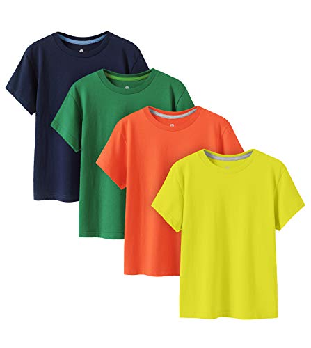 LAPASA Kinder T Shirt 100% Baumwolle 4er Pack Unisex 3-13 Jahre/ 95-165 Jungen Mädchen K01 (Orange, Zitronengelb, Grün, Blau, Large) von LAPASA