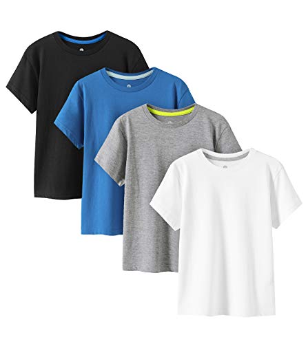 LAPASA Kinder T Shirt 100% Baumwolle 4er Pack Unisex 3-13 Jahre/ 95-165 Jungen Mädchen K01 (Schwarz, Weiß, Hellgrau, Blau, XX-Small) von LAPASA