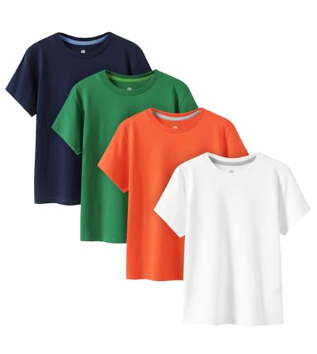 LAPASA Kinder T Shirt 100% Baumwolle 4er Pack Unisex 3-13 Jahre/ 95-165 Jungen Jungs Sport K01 (Weiß, Orange, Dunkelgrün, Navy Blau, Small) von LAPASA