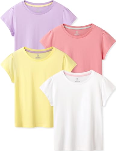 LAPASA Mädchen 4er Pack Baumwoll Kinder T-Shirt Einfarbig 3-13 Jahre/ 95-165, Weiß, Hellgelb, Helllila, Rosa，13 Jahre von LAPASA
