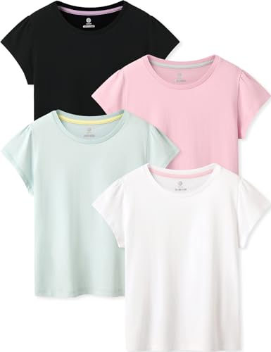 LAPASA Mädchen 4er Pack Baumwoll Kinder T-Shirt Einfarbig 3-13 Jahre/ 95-165, Weiß, Schwarz, Aqua,Baby Pink，4-5 Jahre von LAPASA