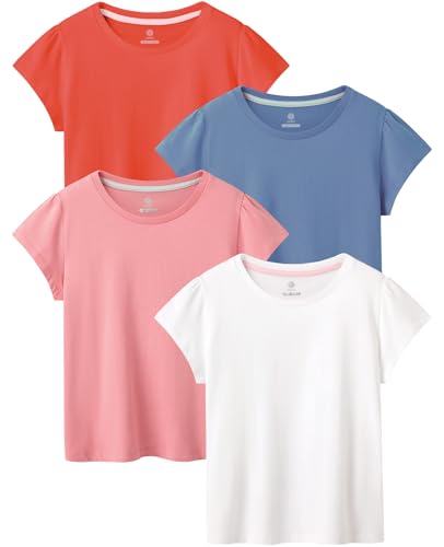 LAPASA Mädchen 4er Pack Baumwoll Kinder T-Shirt Einfarbig, K01 Rot, Hellblau, Pink, Weiß, 13 Jahre von LAPASA