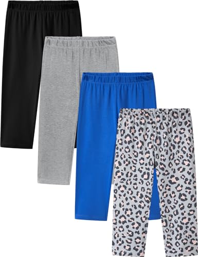 LAPASA Mädchen 4er Pack Capri Leggings, 3/4 Sportleggings Freizeit Schlafleggings aus Baumwolle, G19, Schwarz, Grau, Blau, Leopardmuster, 13 Jahre von LAPASA