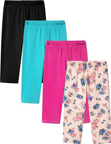 LAPASA Mädchen 4er Pack Capri Leggings, 3/4 Sportleggings Freizeit Schlafleggings aus Baumwolle, G19, Schwarz, Türkis, Rosa, Blumen, 11-12 Jahre von LAPASA