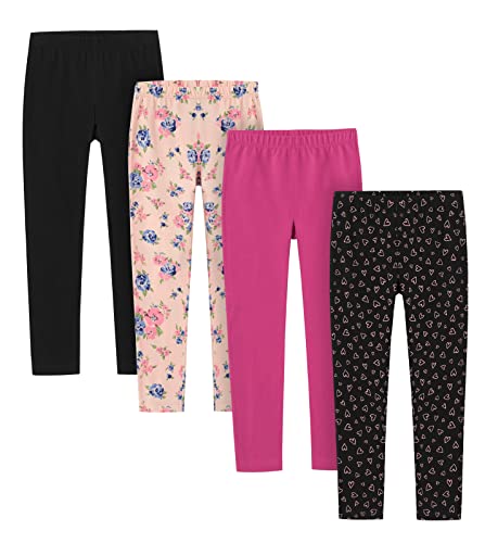 LAPASA Mädchen 4er Pack Leggings, Sportleggings Freizeit Schlafleggings aus Baumwolle, 3-13 Jahre G11, Schwarz, Pink Blumen, Rosa, Pinke Herzen, 3 Jahre von LAPASA