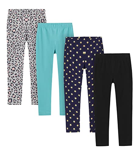 LAPASA Mädchen 4er Pack Leggings, Sportleggings Freizeit Schlafleggings aus Baumwolle, 3-13 Jahre G11, Schwarz, Sterne, Türkis, Leopardmuster, 11-12 Jahre von LAPASA