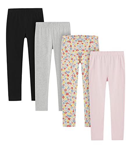 LAPASA Mädchen 4er Pack Leggings, Sportleggings Freizeit Schlafleggings aus Baumwolle, 3-13 Jahre G11, Schwarz, Hellgrau, Babypink, Bunte Blumen, 7-8 Jahre von LAPASA