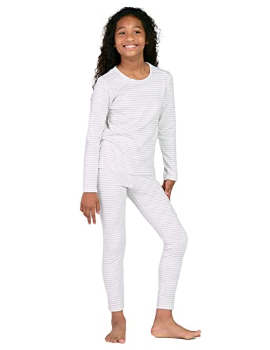 LAPASA Mädchen Thermounterwäsche Set 100% Baumwolle - warmes Unterwäsche Set für Kinder, Pyjamaset - Leggings und Langarmshirt (Thermoflux G09), Grau-weiß gestreift, 7-8 Jahre von LAPASA