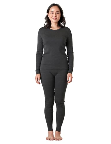 LAPASA Merino Wolle Thermounterwäsche Set Damen, Merinowolle extra warm Unterhemd Langarmshirt & Thermo Unterhosen Leggings (L91), Dunkelgrau meliert (Extra warm), XXL von LAPASA