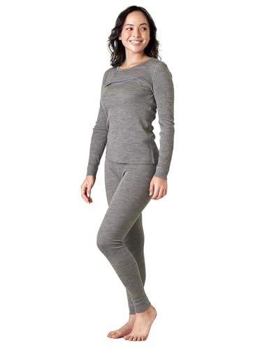 LAPASA Merino Wolle Thermounterwäsche Set Damen, Merinowolle extra warm Unterhemd Langarmshirt & Thermo Unterhosen Leggings (L91), Grau meliert (Extra warm), XXL von LAPASA
