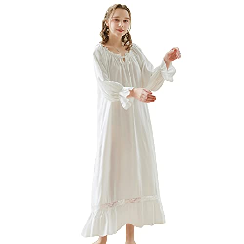 LAPAYA Damen Viktorianisches Nachthemd aus Baumwolle mit Spitzenbesatz Vintage Nachtwäsche Langarm Sleepshirts, Weiss/opulenter Garten, Medium von LAPAYA