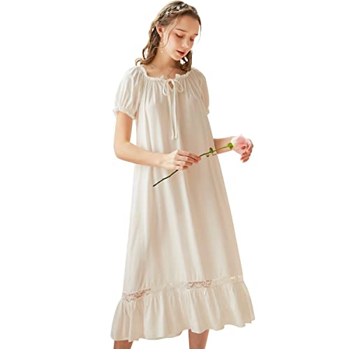 LAPAYA Damen Viktorianisches Nachthemd aus Baumwolle mit Spitzenbesatz Vintage Nachtwäsche Langarm Sleepshirts, Weiß 1, X-Large von LAPAYA