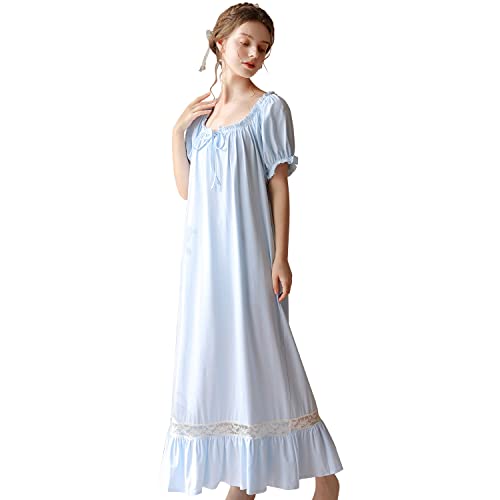 LAPAYA Damen viktorianische Baumwolle Nachthemd Spitzenbesatz Vintage Nachtwäsche Langarm Sleepshirts, Blau (kurze Ärmel), M von LAPAYA