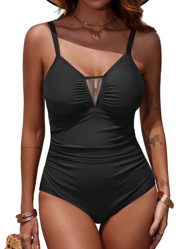 LAPHEE ROSE Einteiliger Netz-Badeanzug für Damen, Bauchkontrolle, kurvige Passform, Schwarz, 44 von LAPHEE ROSE