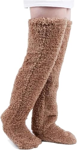 LAPLUIE Über Knie Hohe Fuzzy Socken Plüsch Slipper Strümpfe Pelzige Lange Beinwärmer Winter Klimatisierte Home Schlafsocken (Braun) von LAPLUIE