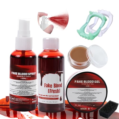 Kunstblut Halloween 60 ml Spray 60 ml Flüssigkeit 50 g gerinntes Wachs für Narben, 2 x Vampirzähne, Schminkset für Spezialeffekte Zombie, Vampir, Hallowen Schminke Kunstblut Halloween 60 ml Spray 60 ml Flüssigkeit 50 g gerinntes Wachs für Narben, 2 x Vampirzähne, Schminkset für Spezialeffekte Zombie, Vampir, Hallowen Schminke von LAPPAZO