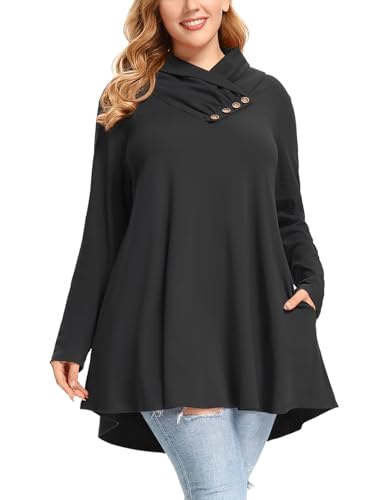 LARACE Cowl Neck Sweatshirts Für Frauen Plus Size Tops Mit Taschen Langarm Tunika Casual Pullover Button Down Shirt, Tiefgrau, 6XL Große Größen von LARACE