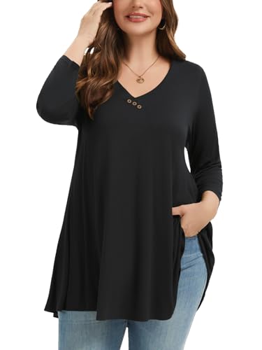 LARACE Damen Plus Size Tunika Tops 3/4 Arm V Ausschnitt Blusen Basic T-Shirt - Schwarz - 6X von LARACE
