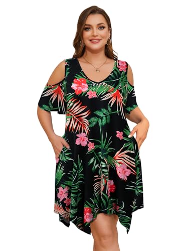 LARACE Damen-Sommer-T-Shirt-Kleid, schulterfrei, fließendes Kleid mit Taschen, A-Schwarz 54, 1X von LARACE