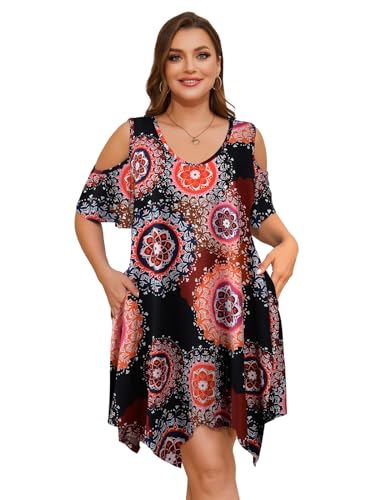 LARACE Damen-Sommer-T-Shirt-Kleid, schulterfrei, fließendes Kleid mit Taschen, A-schwarz19, 2X von LARACE